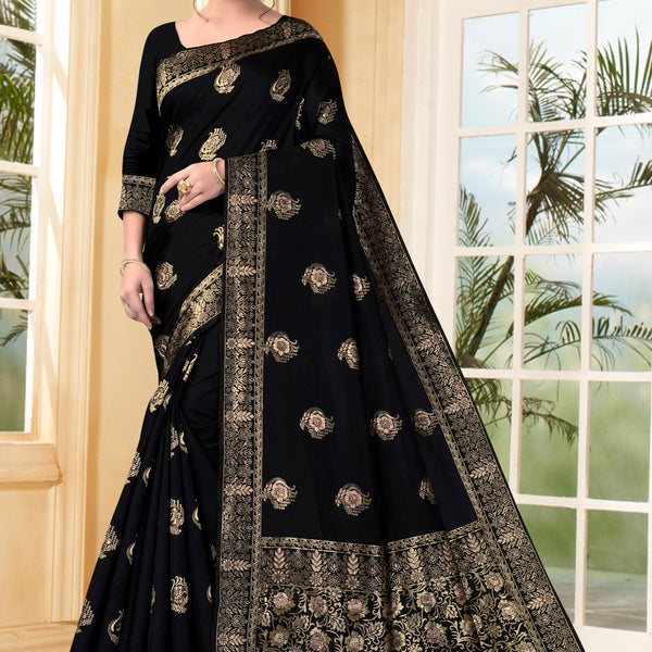 Vedant Vastram Litchi Silk Designer Banarasi Saree - Black - Distacart