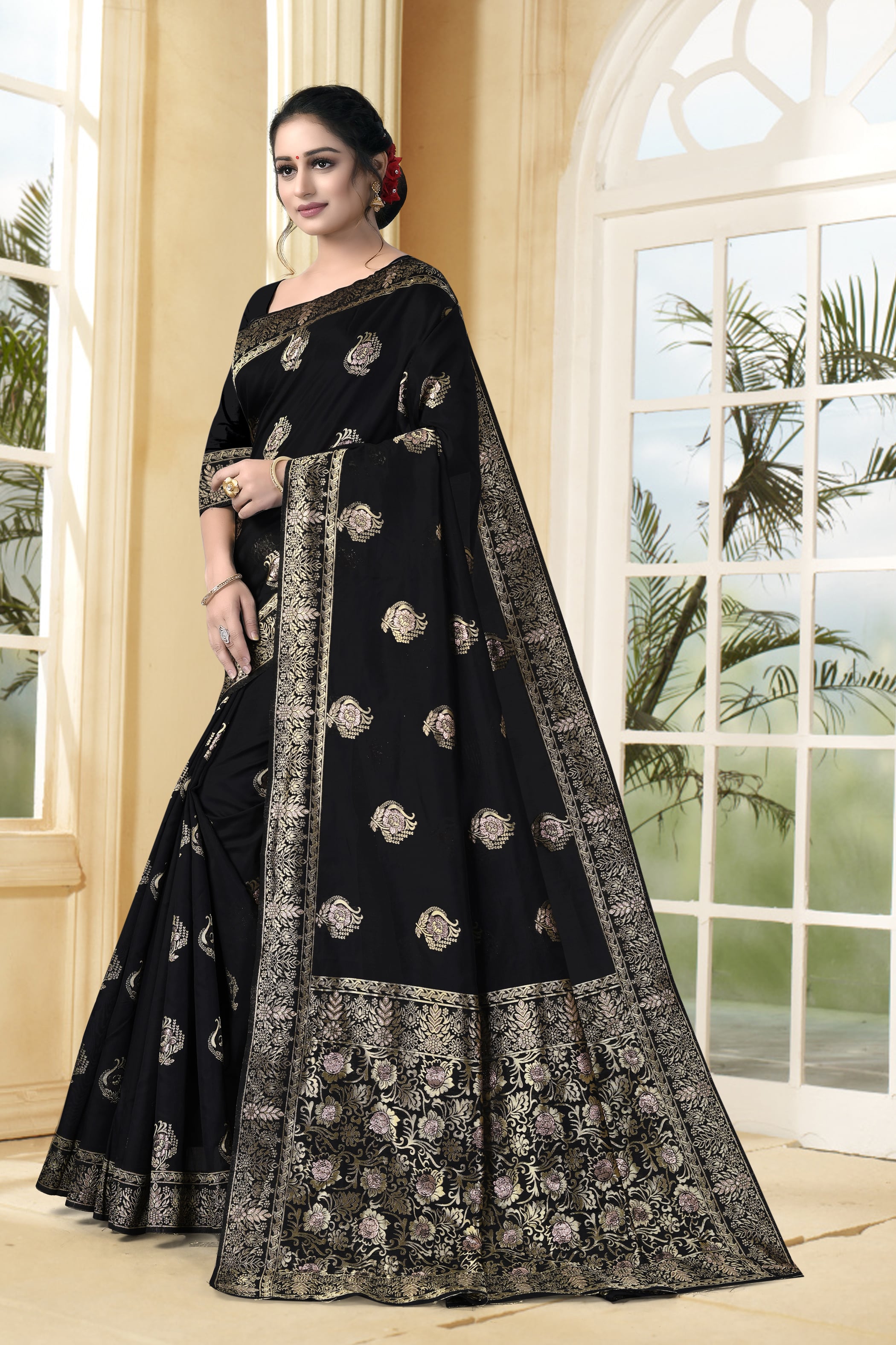Vedant Vastram Litchi Silk Designer Banarasi Saree - Black - Distacart