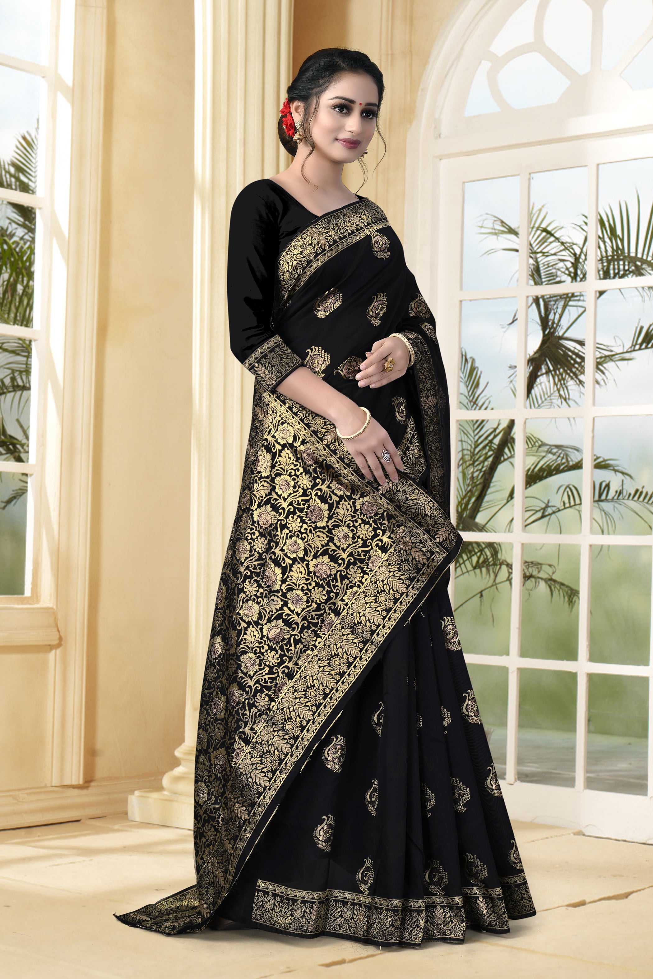 Vedant Vastram Litchi Silk Designer Banarasi Saree - Black - Distacart
