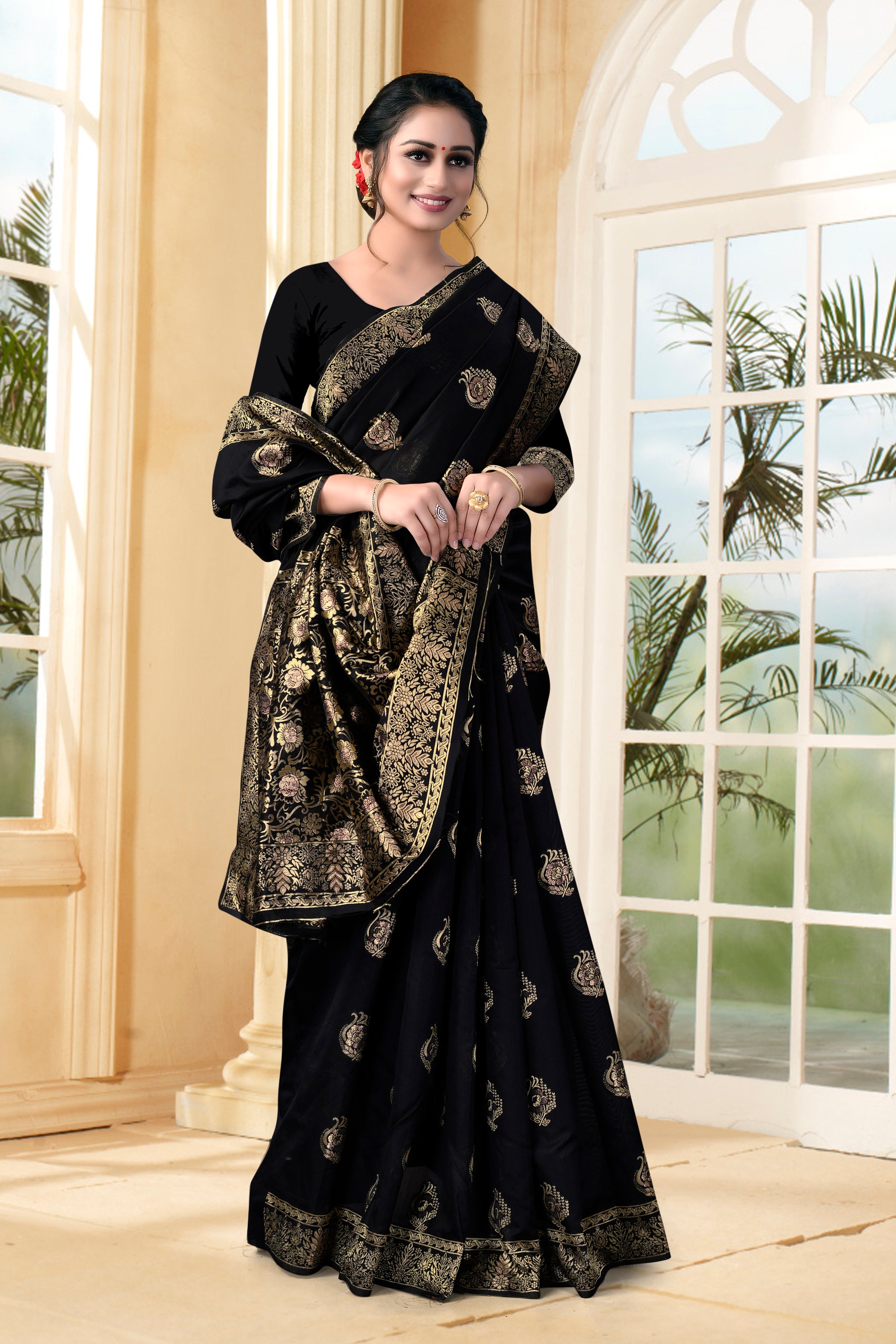 Vedant Vastram Litchi Silk Designer Banarasi Saree - Black - Distacart