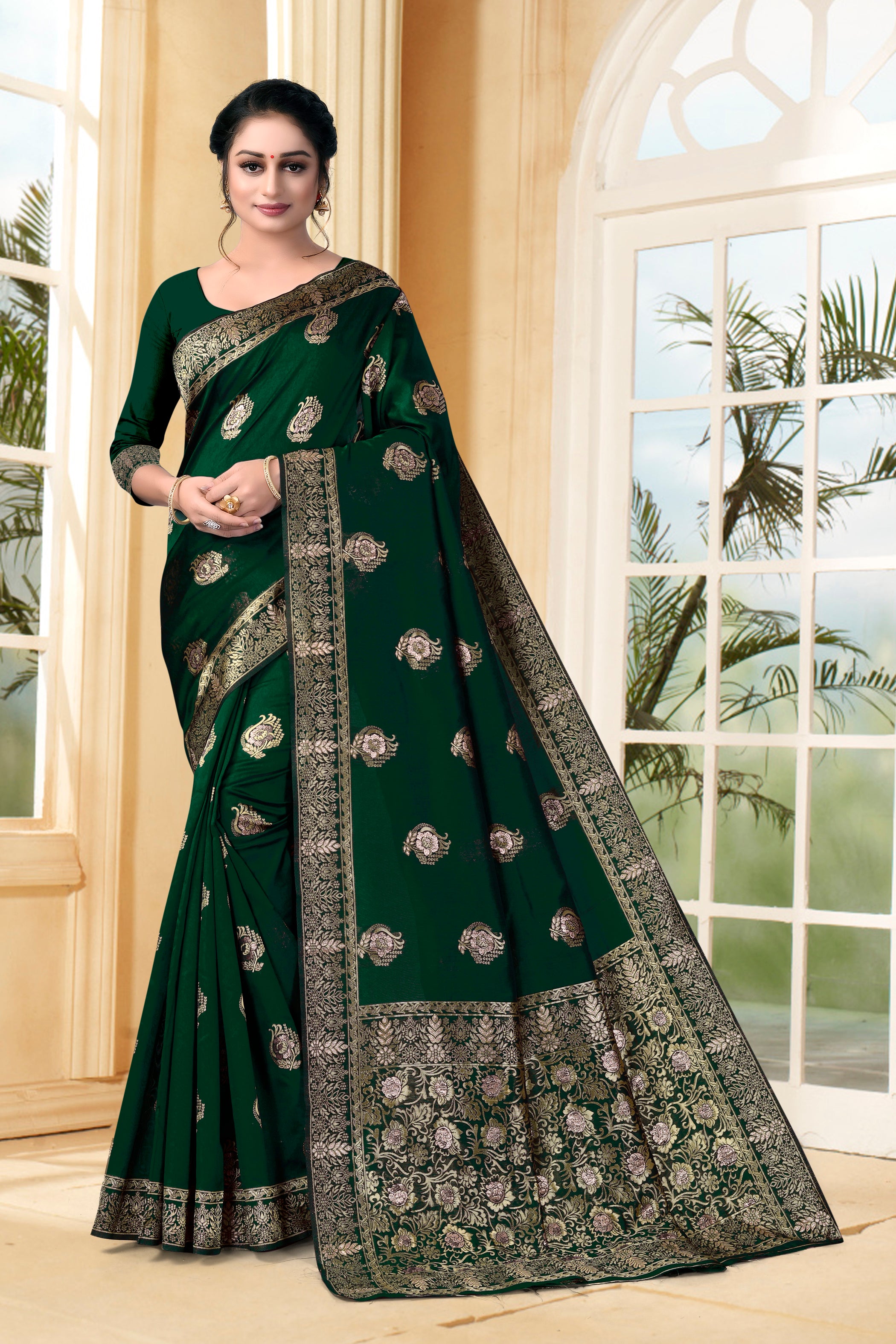 Vedant Vastram Litchi Silk Designer Banarasi Saree - Bottle Green - Distacart