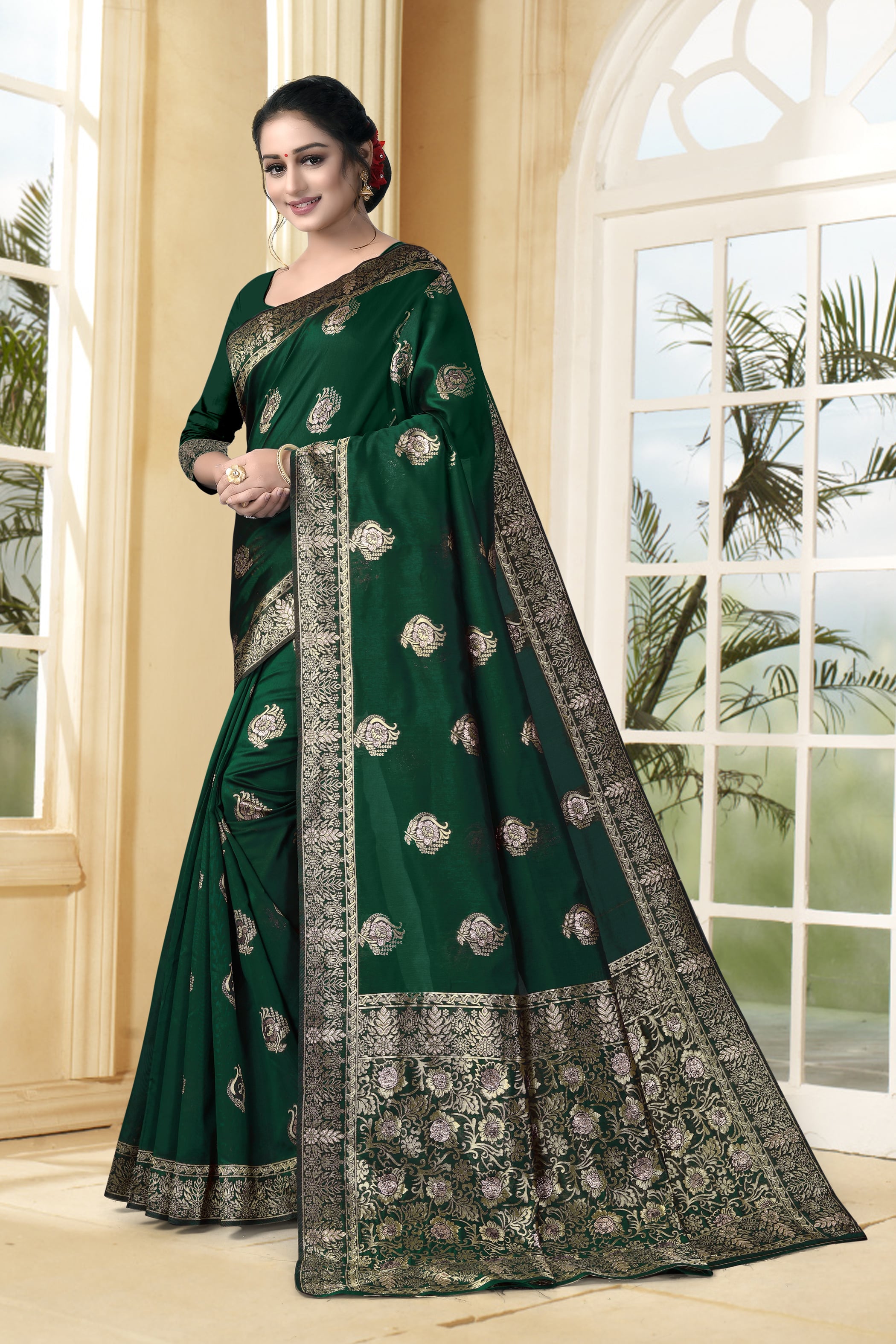 Vedant Vastram Litchi Silk Designer Banarasi Saree - Bottle Green - Distacart