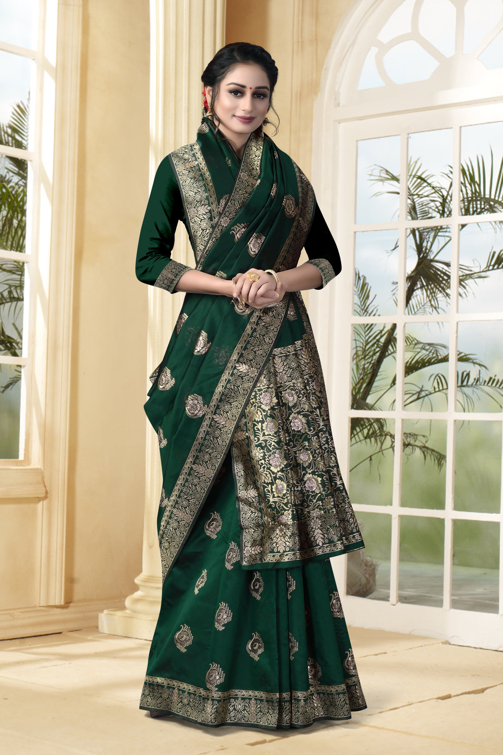 Vedant Vastram Litchi Silk Designer Banarasi Saree - Bottle Green - Distacart