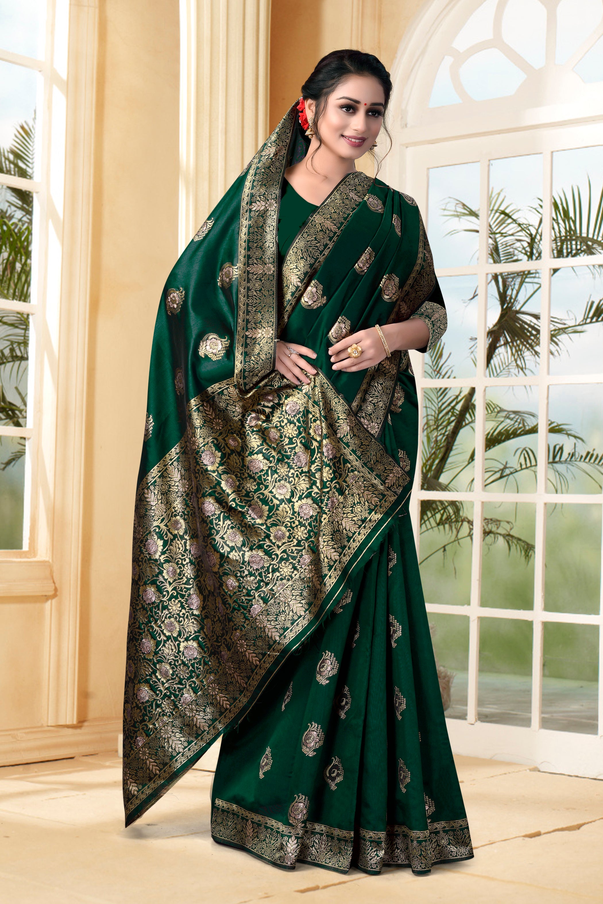 Vedant Vastram Litchi Silk Designer Banarasi Saree - Bottle Green - Distacart
