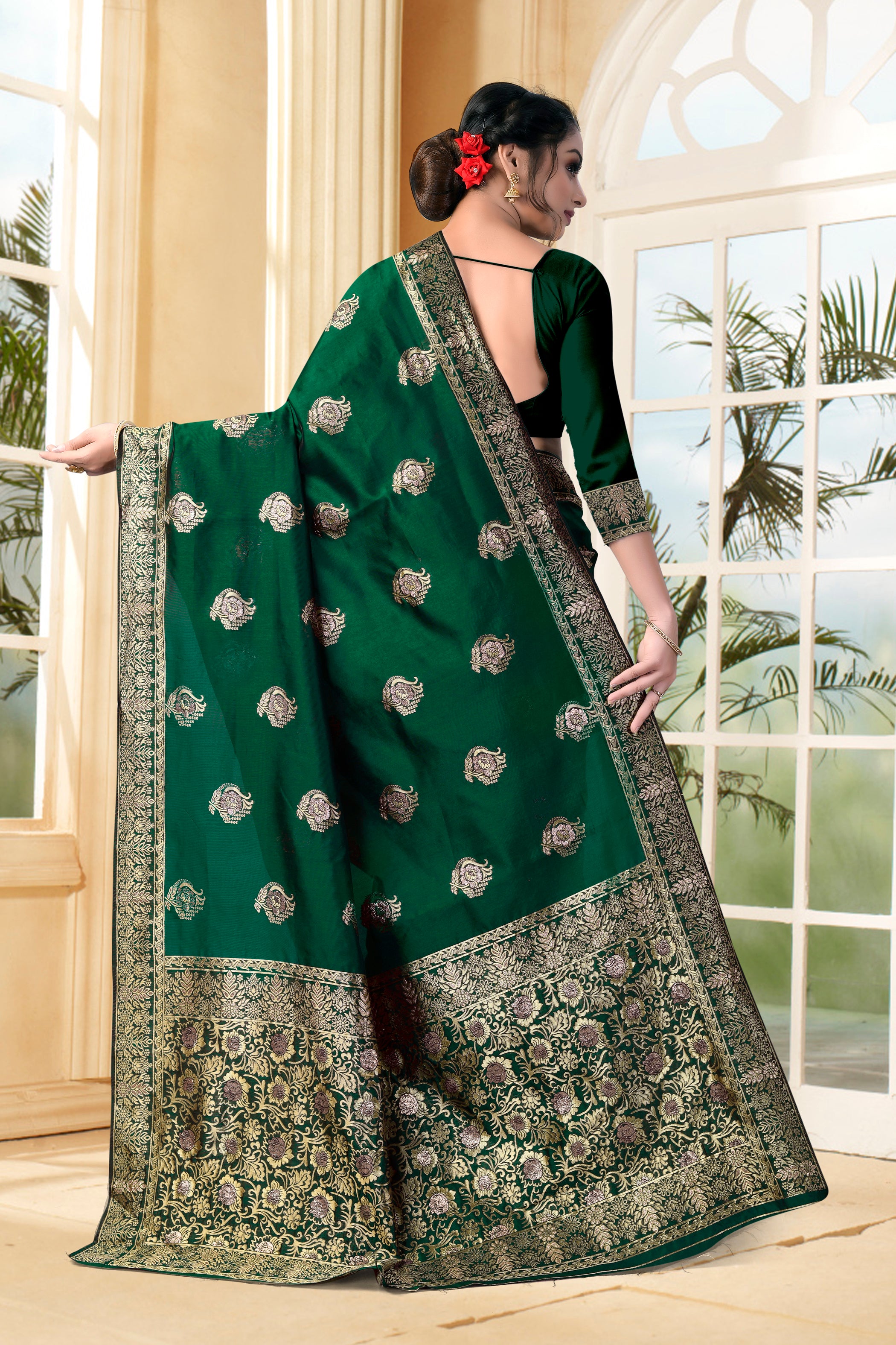 Vedant Vastram Litchi Silk Designer Banarasi Saree - Bottle Green - Distacart