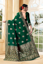 Thumbnail for Vedant Vastram Litchi Silk Designer Banarasi Saree - Bottle Green - Distacart