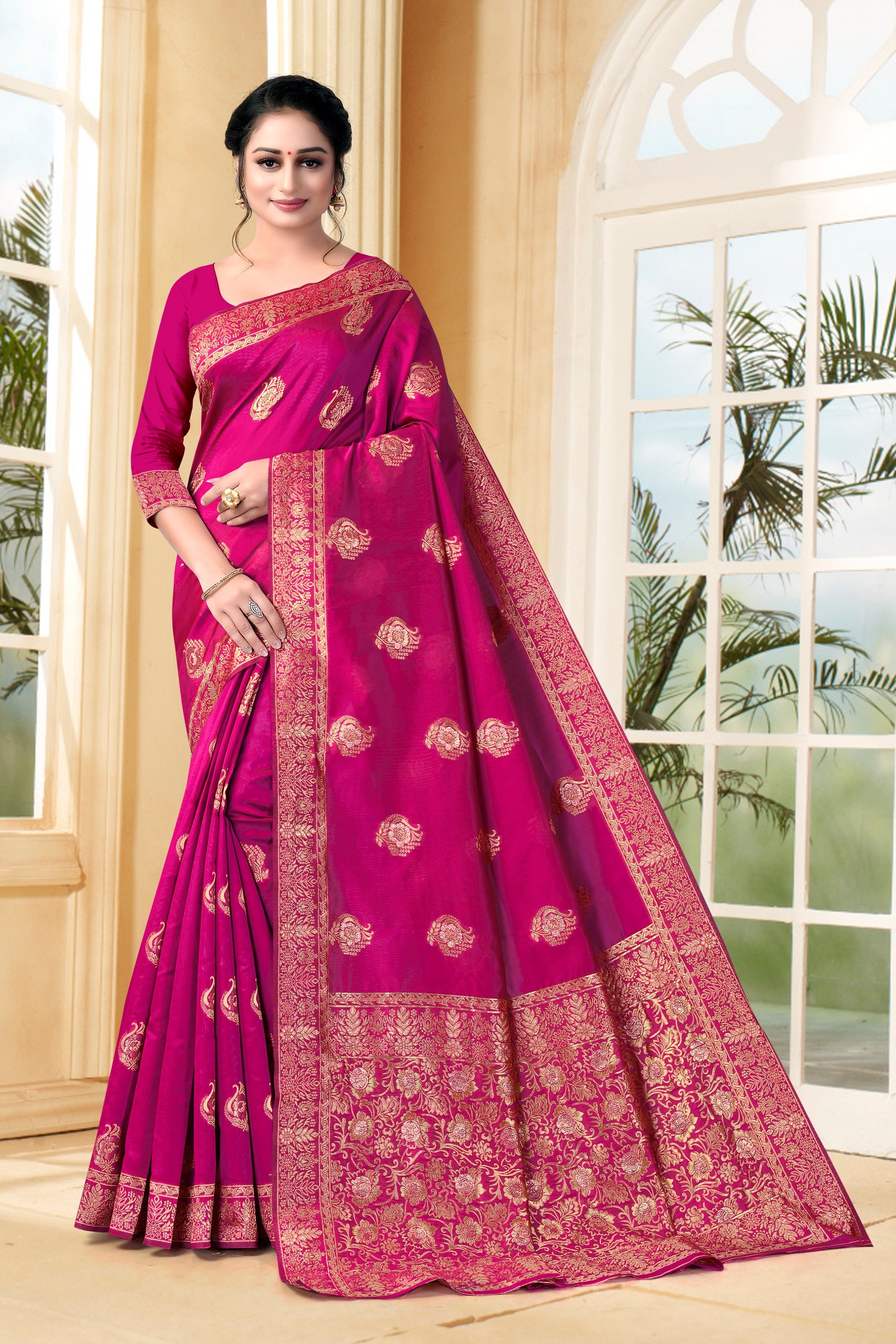Vedant Vastram Litchi Silk Designer Banarasi Saree - Magenta - Distacart