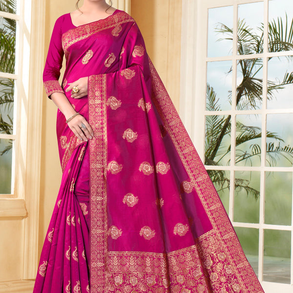 Vedant Vastram Litchi Silk Designer Banarasi Saree - Magenta - Distacart