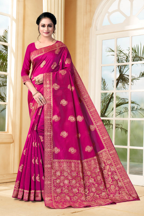 Vedant Vastram Litchi Silk Designer Banarasi Saree - Magenta - Distacart