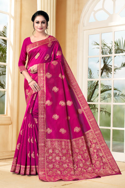 Vedant Vastram Litchi Silk Designer Banarasi Saree - Magenta - Distacart