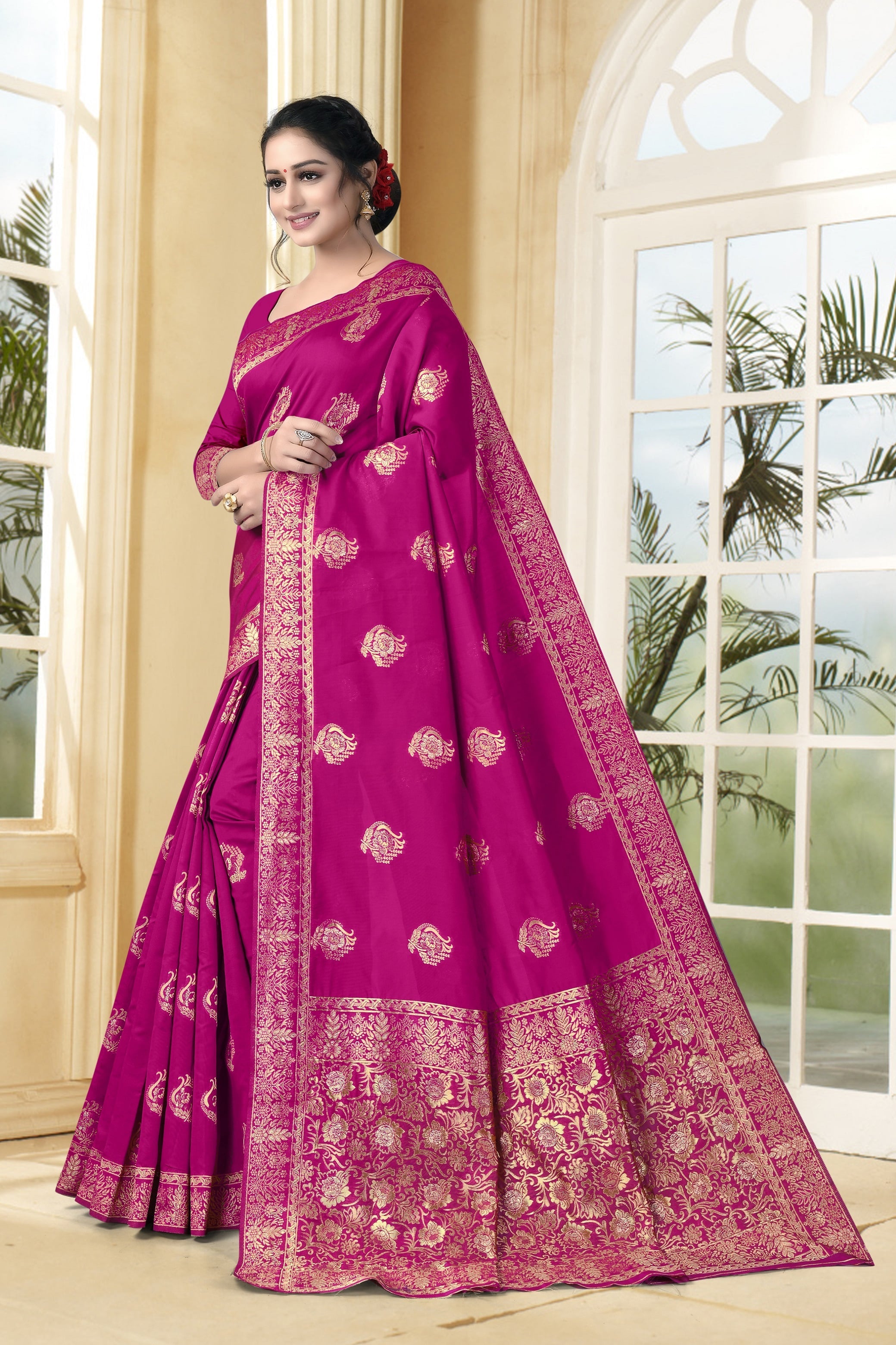 Vedant Vastram Litchi Silk Designer Banarasi Saree - Magenta - Distacart