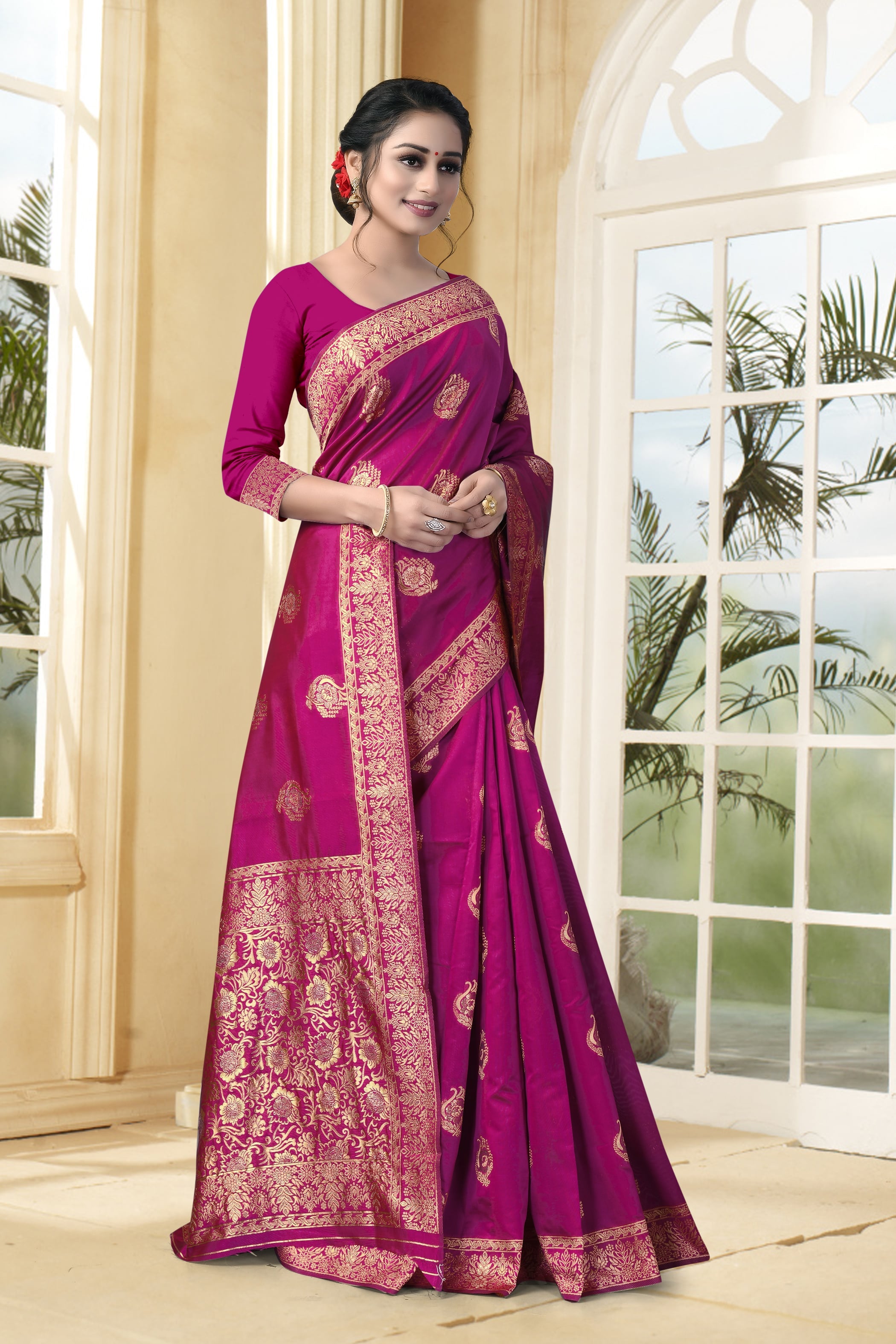 Vedant Vastram Litchi Silk Designer Banarasi Saree - Magenta - Distacart
