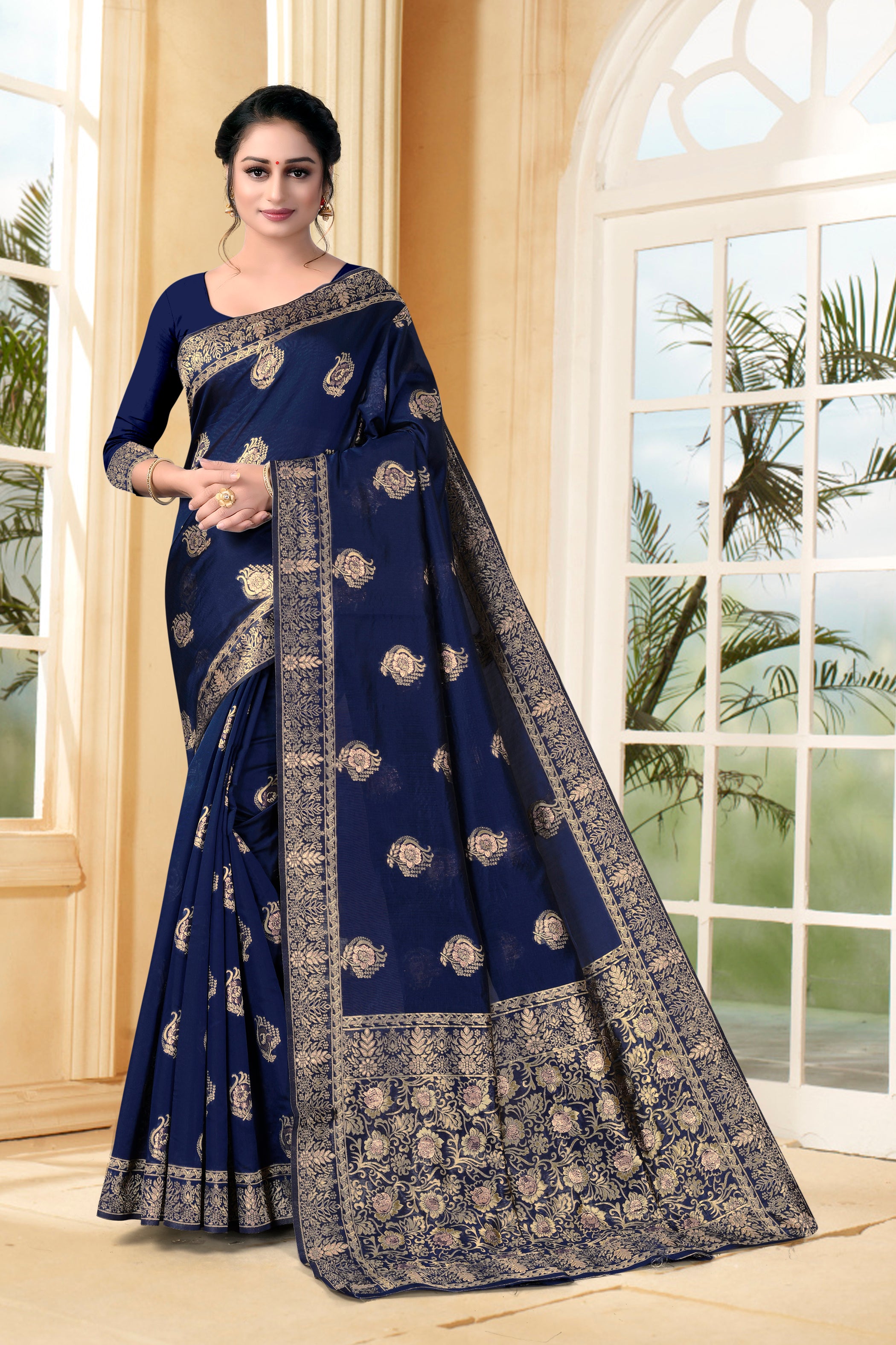 Vedant Vastram Litchi Silk Designer Banarasi Saree - Navy Blue - Distacart