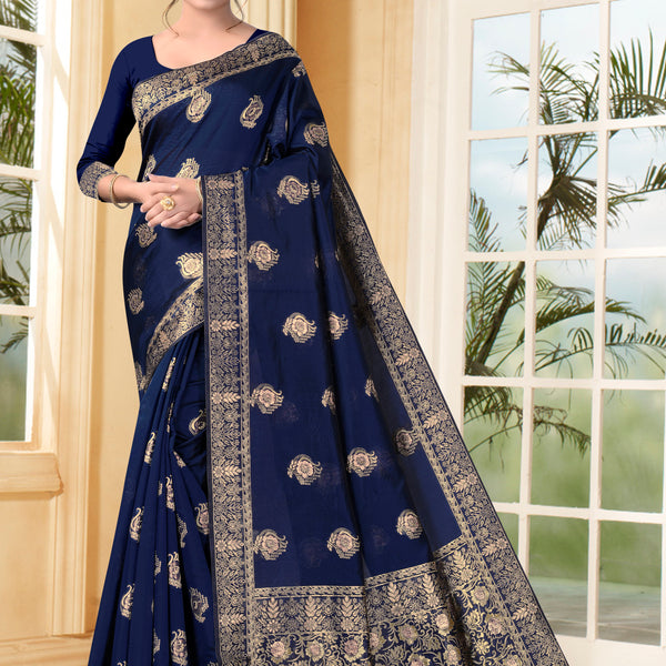 Vedant Vastram Litchi Silk Designer Banarasi Saree - Navy Blue - Distacart
