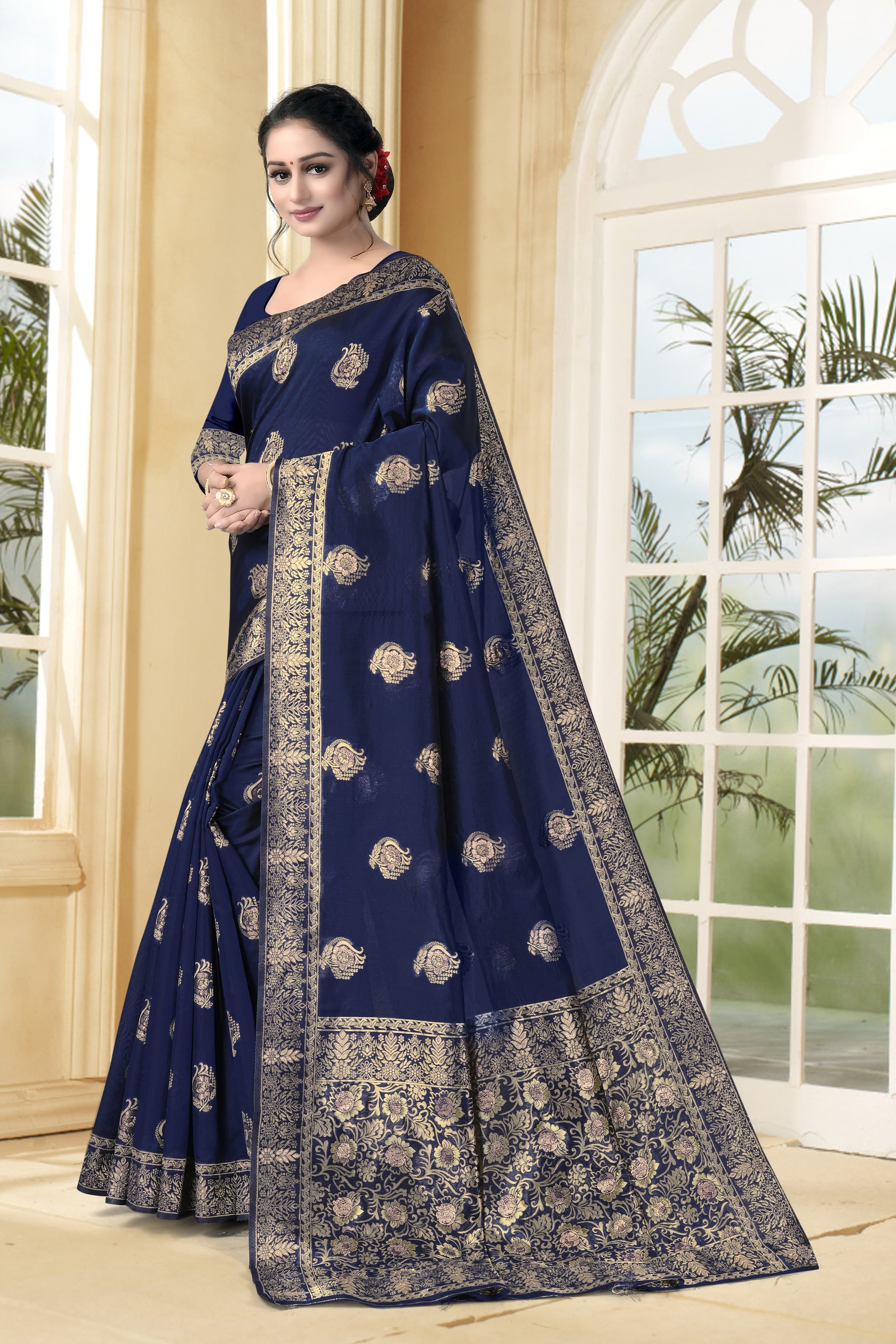 Vedant Vastram Litchi Silk Designer Banarasi Saree - Navy Blue - Distacart