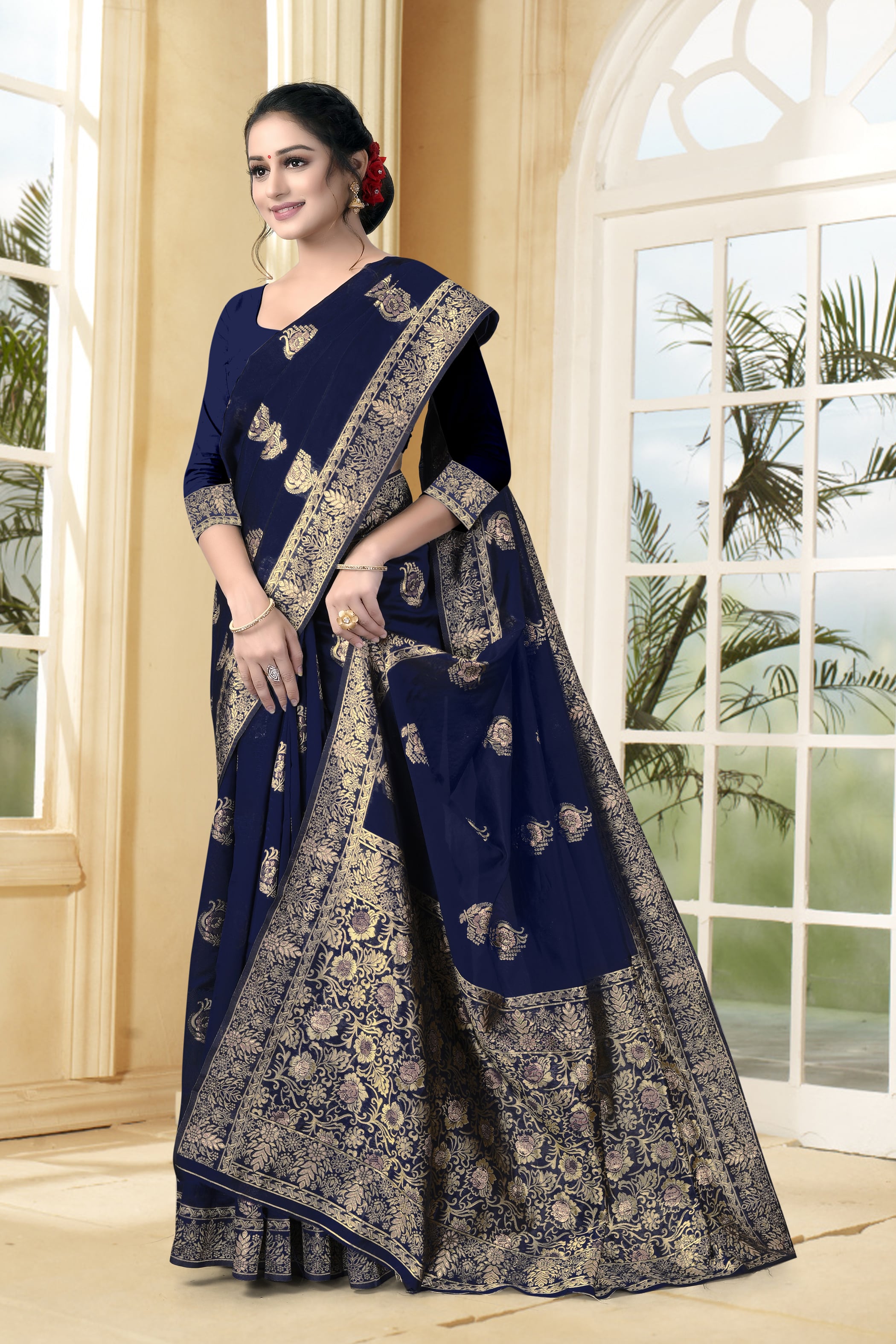 Vedant Vastram Litchi Silk Designer Banarasi Saree - Navy Blue - Distacart