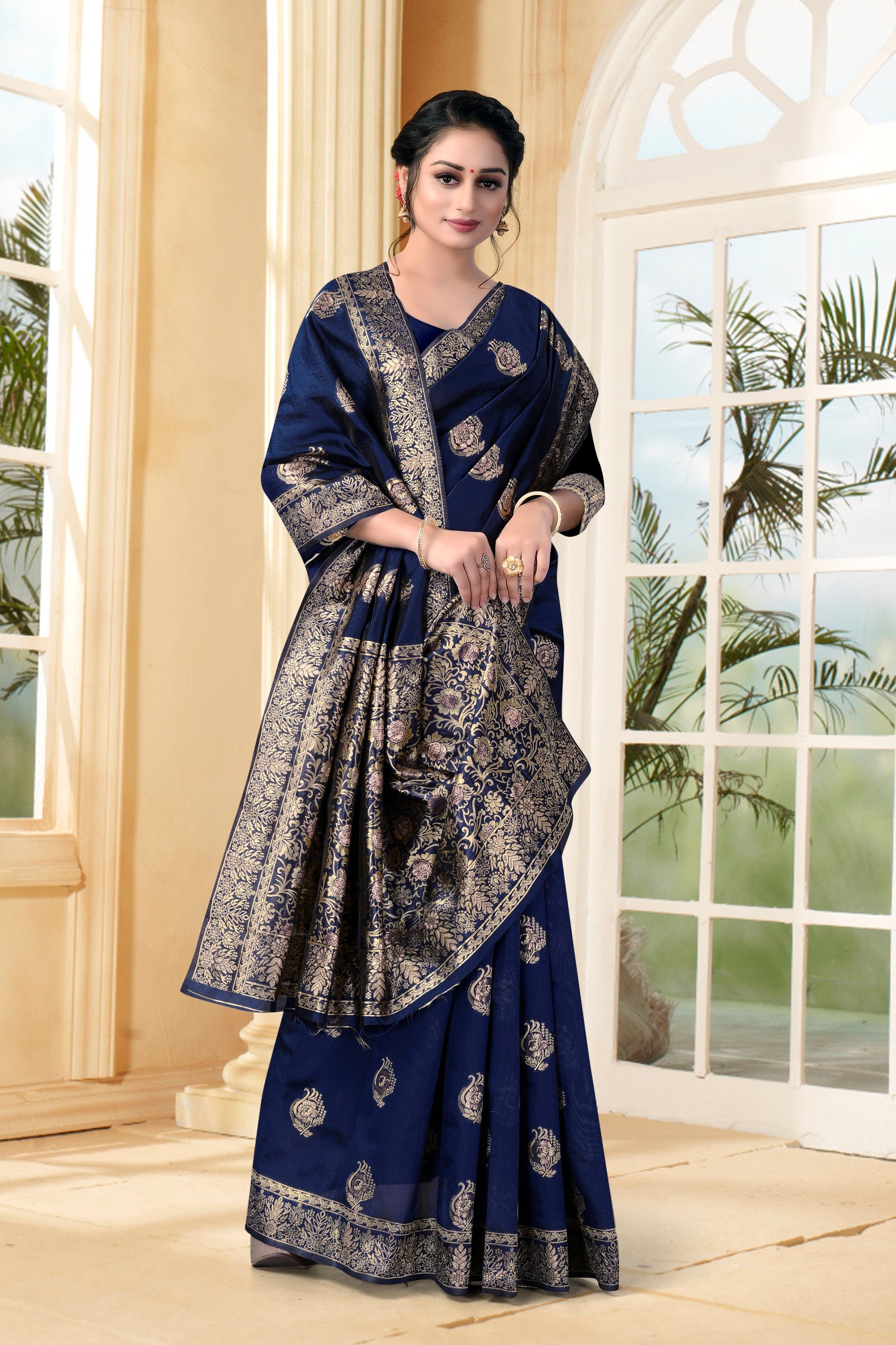 Vedant Vastram Litchi Silk Designer Banarasi Saree - Navy Blue - Distacart