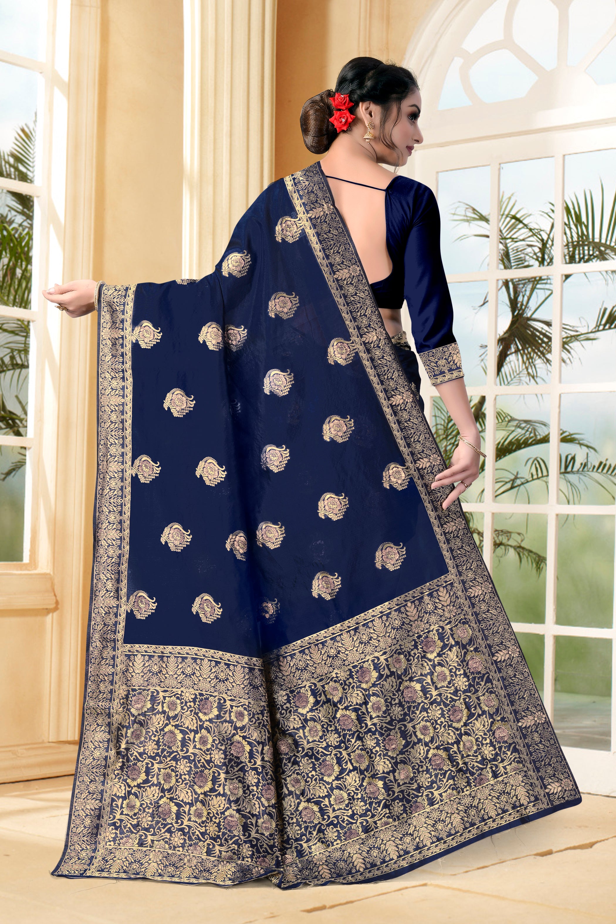 Vedant Vastram Litchi Silk Designer Banarasi Saree - Navy Blue - Distacart