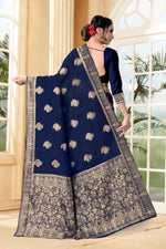 Thumbnail for Vedant Vastram Litchi Silk Designer Banarasi Saree - Navy Blue - Distacart