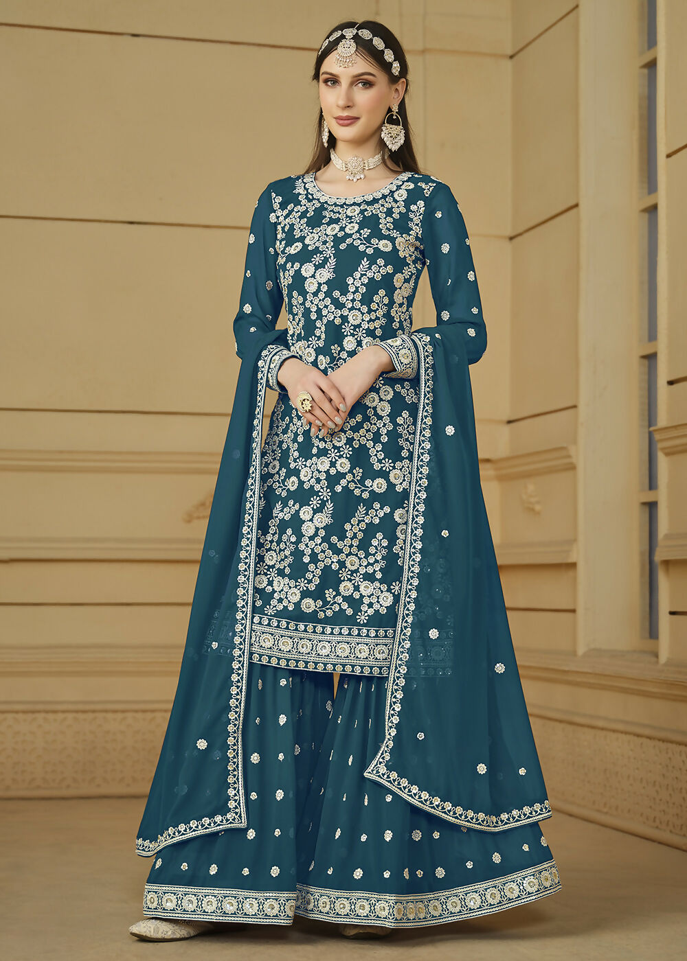 Turquoise Blue Embroidered Georgette Gharara Style Suit - Emponline - Distacart