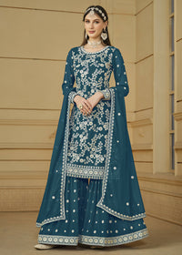 Thumbnail for Turquoise Blue Embroidered Georgette Gharara Style Suit - Emponline - Distacart