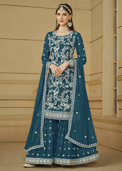 Turquoise Blue Embroidered Georgette Gharara Style Suit - Emponline - Distacart
