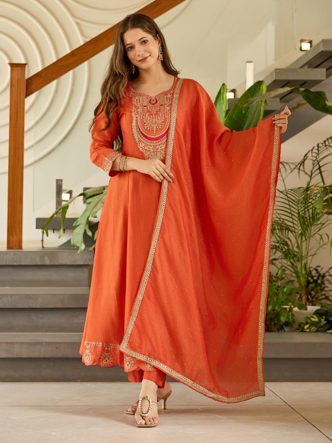 The52 Women's Gorgeous Embroidery Vichitra Silk Fabric Flared Kurta, Pant and Dupatta Set