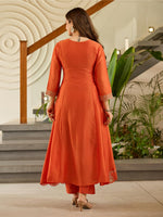 Thumbnail for The52 Women's Gorgeous Embroidery Vichitra Silk Fabric Flared Kurta, Pant and Dupatta Set