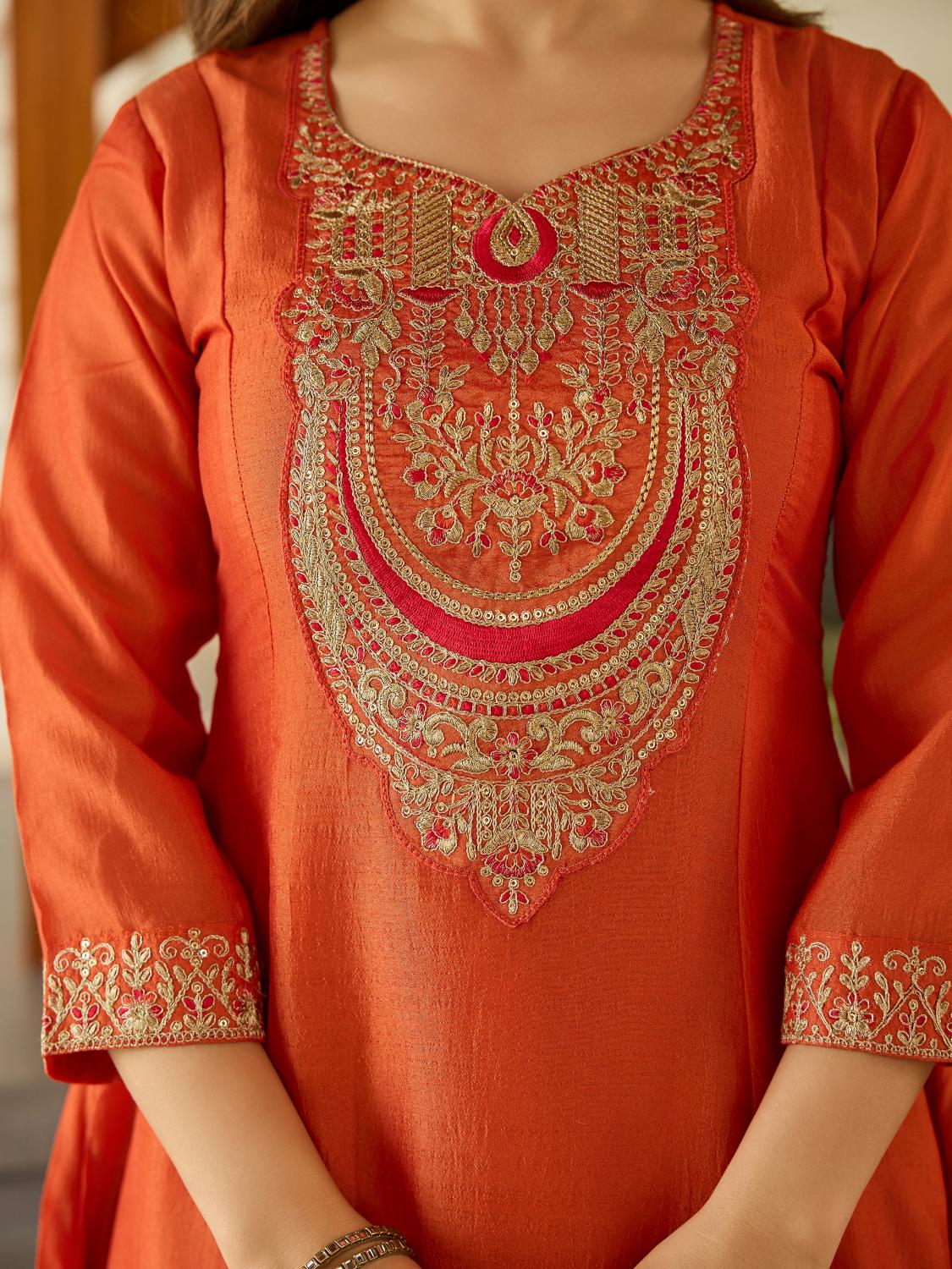 The52 Women's Gorgeous Embroidery Vichitra Silk Fabric Flared Kurta, Pant and Dupatta Set