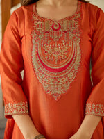 Thumbnail for The52 Women's Gorgeous Embroidery Vichitra Silk Fabric Flared Kurta, Pant and Dupatta Set