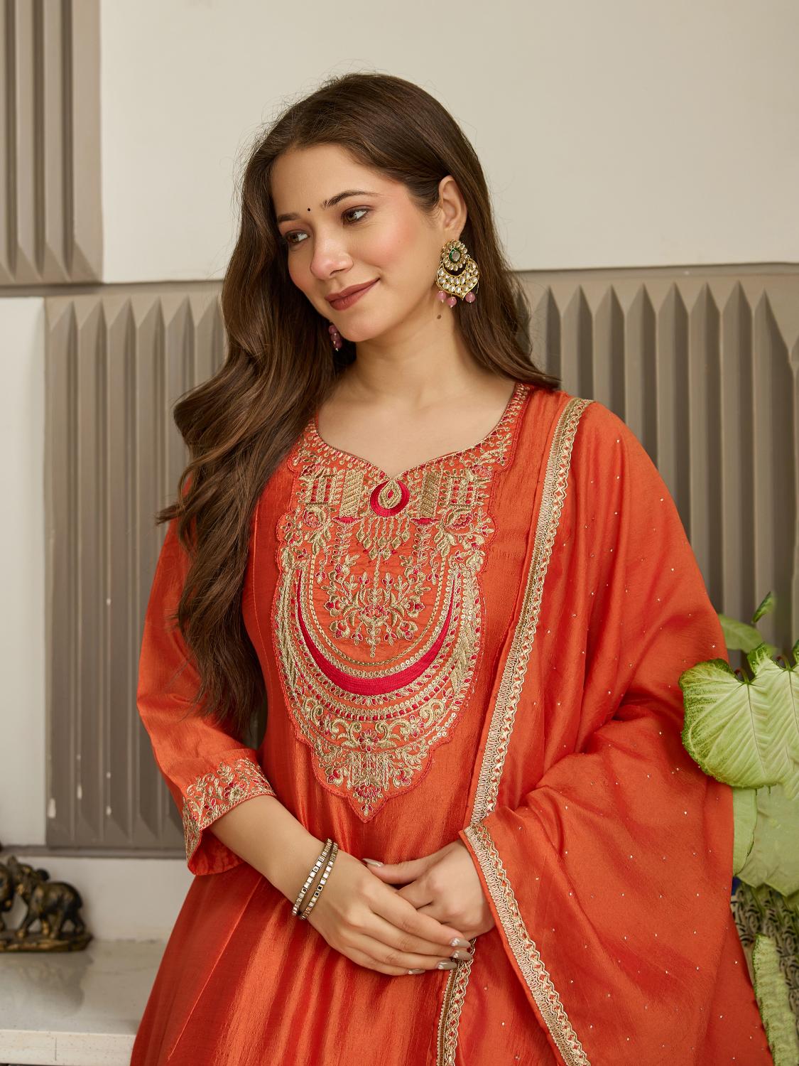 The52 Women's Gorgeous Embroidery Vichitra Silk Fabric Flared Kurta, Pant and Dupatta Set