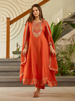 Thumbnail for The52 Women's Gorgeous Embroidery Vichitra Silk Fabric Flared Kurta, Pant and Dupatta Set