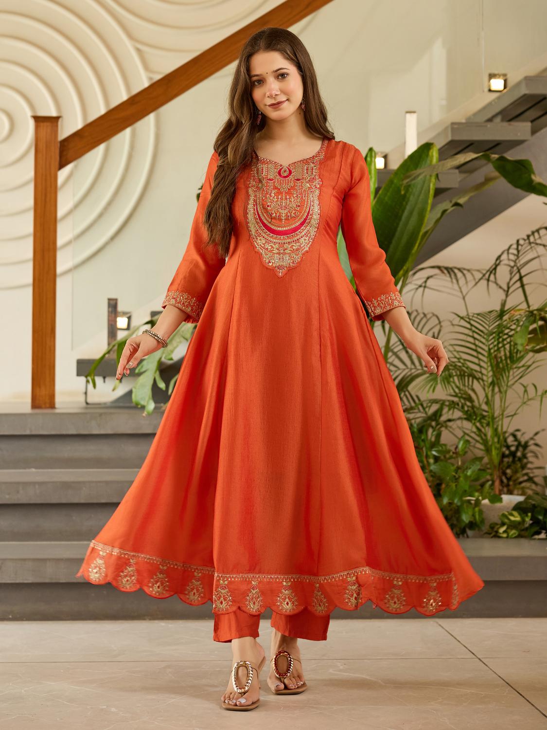 The52 Women's Gorgeous Embroidery Vichitra Silk Fabric Flared Kurta, Pant and Dupatta Set