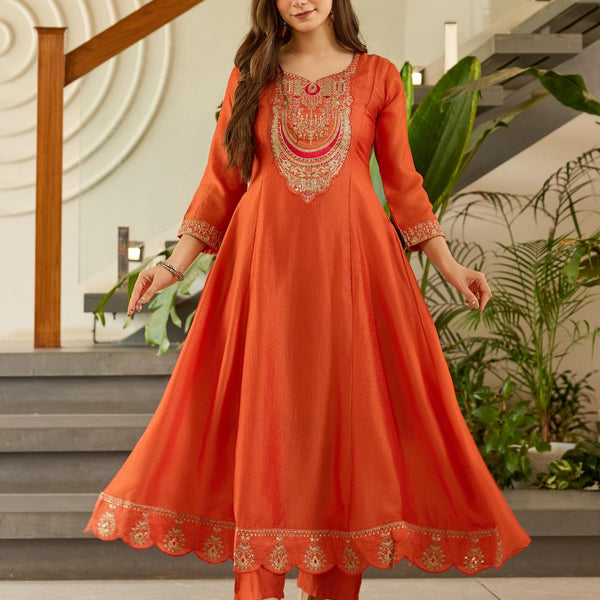 The52 Women's Gorgeous Embroidery Vichitra Silk Fabric Flared Kurta, Pant and Dupatta Set