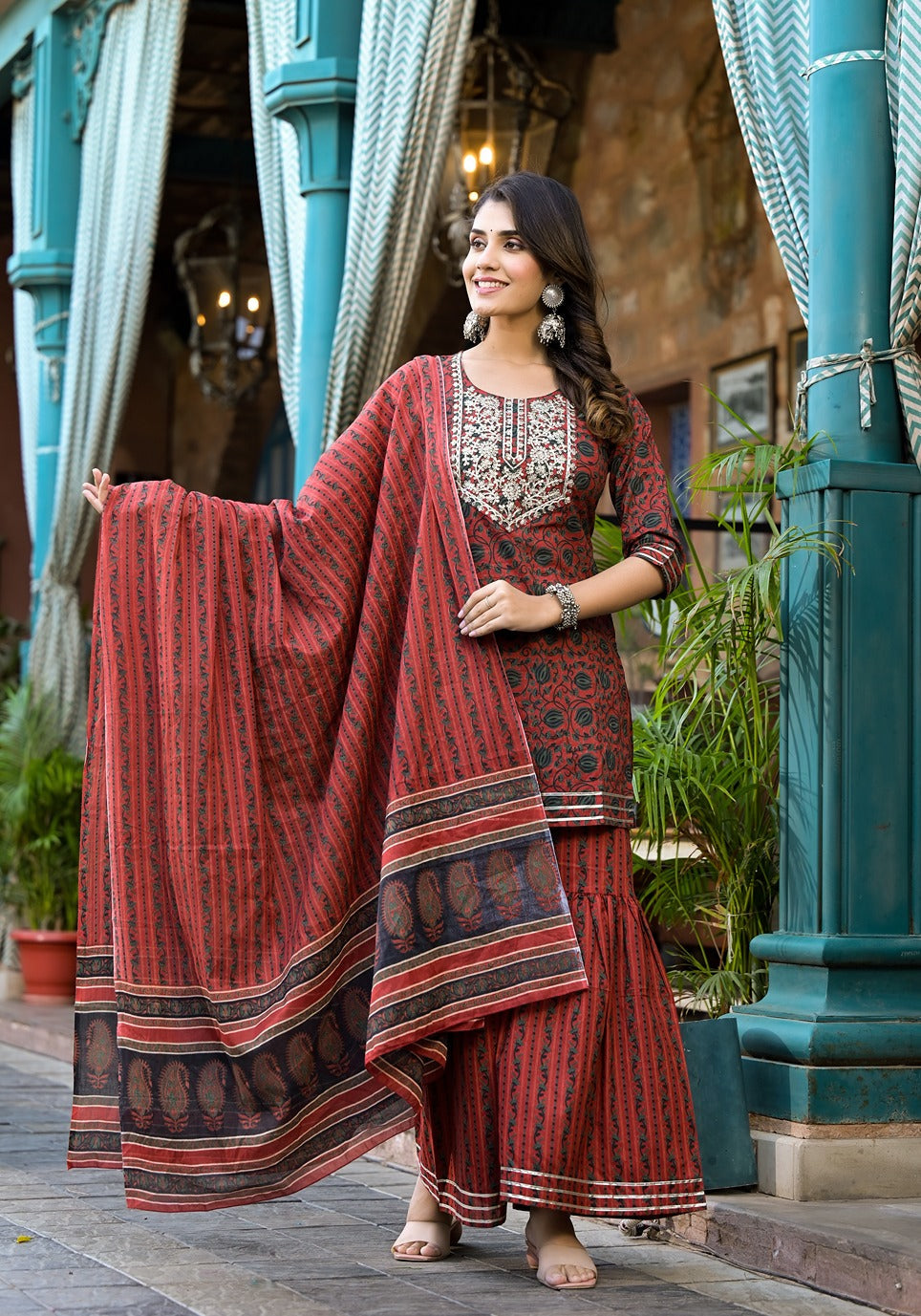 Yufta Rust Ethnic Motifs Dori_Embroidery Kurta Sharara With Dupatta Set - Distacart