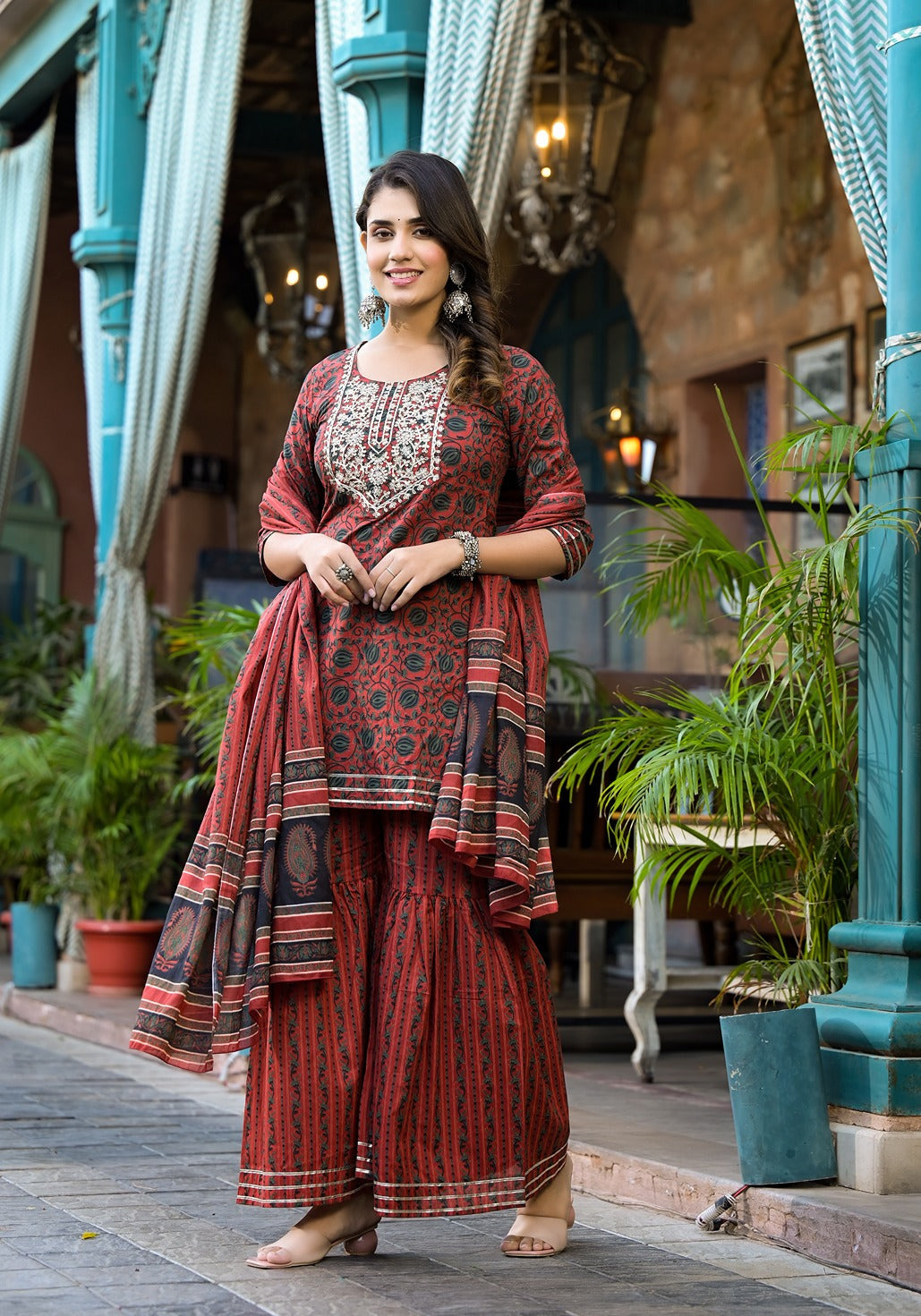 Yufta Rust Ethnic Motifs Dori_Embroidery Kurta Sharara With Dupatta Set
