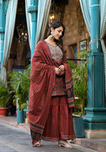 Thumbnail for Yufta Rust Ethnic Motifs Dori_Embroidery Kurta Sharara With Dupatta Set