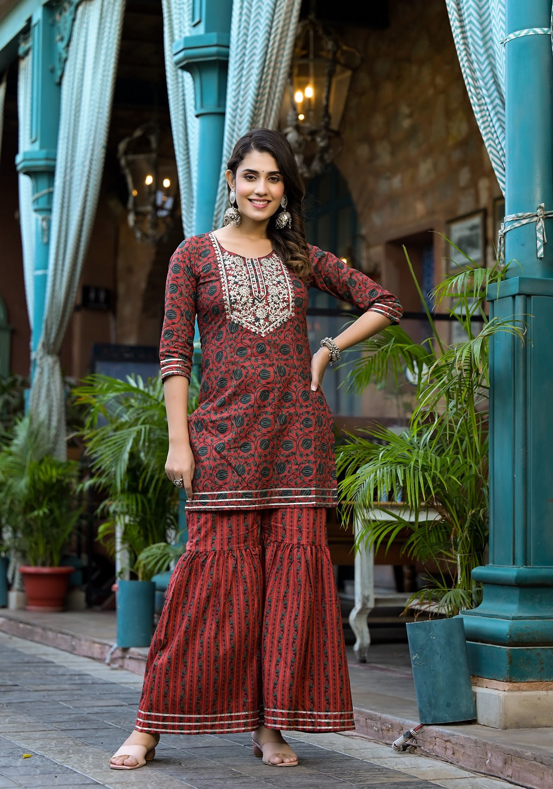 Yufta Rust Ethnic Motifs Dori_Embroidery Kurta Sharara With Dupatta Set