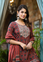 Thumbnail for Yufta Rust Ethnic Motifs Dori_Embroidery Kurta Sharara With Dupatta Set