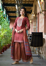 Thumbnail for Yufta Rust Floral Sequins_Work Kurta Sharara With Dupatta Set