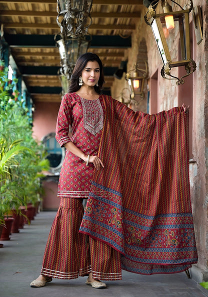 Yufta Rust Floral Sequins_Work Kurta Sharara With Dupatta Set - Distacart