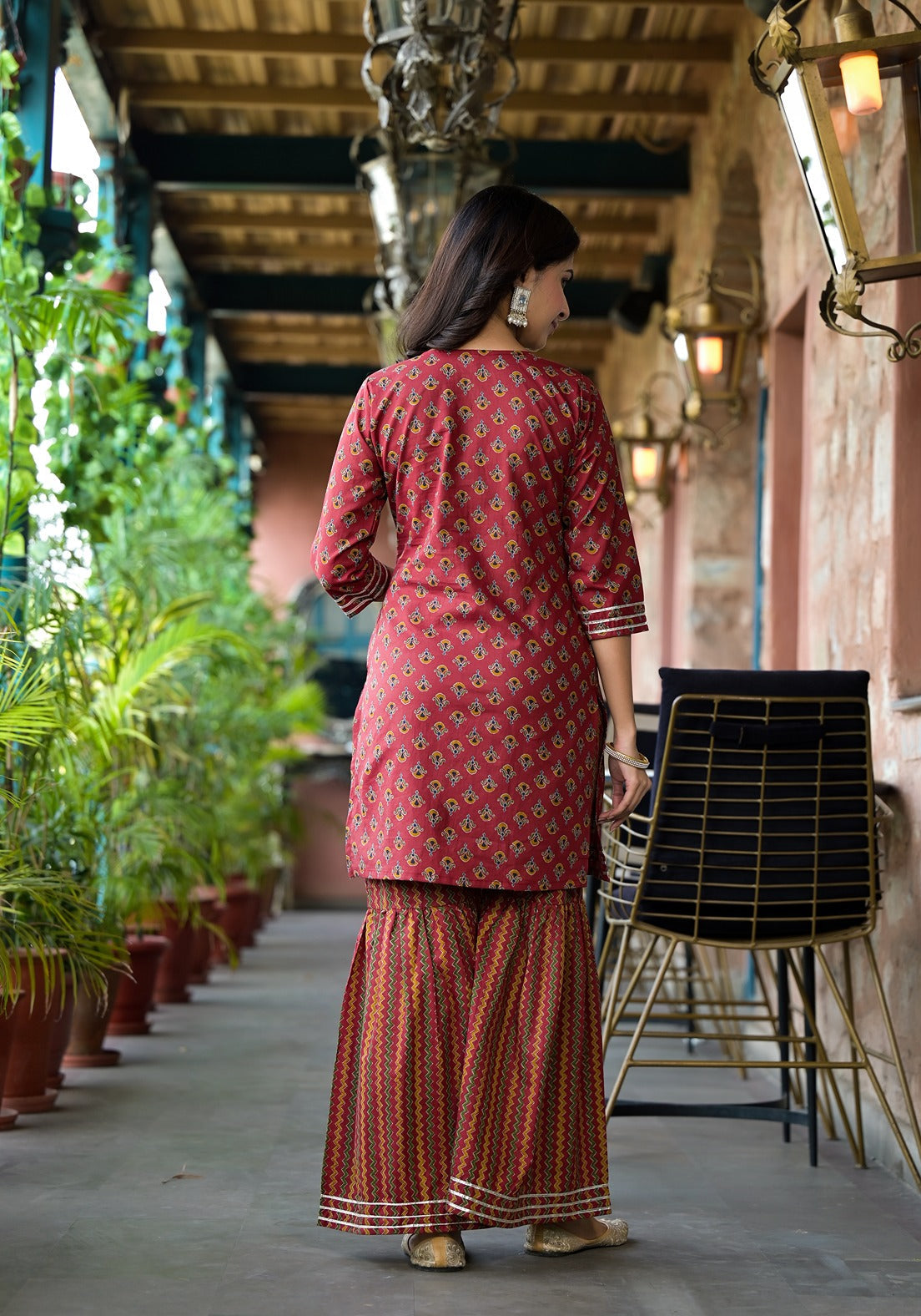 Yufta Rust Floral Sequins_Work Kurta Sharara With Dupatta Set