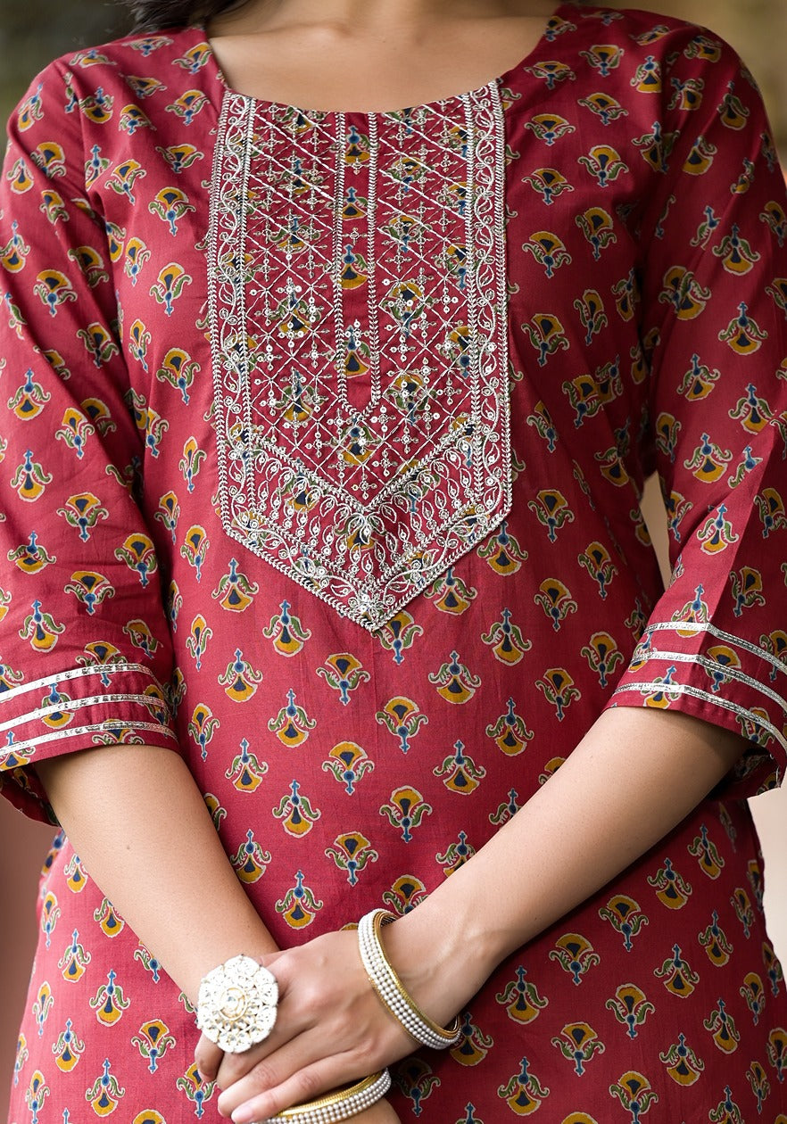 Yufta Rust Floral Sequins_Work Kurta Sharara With Dupatta Set
