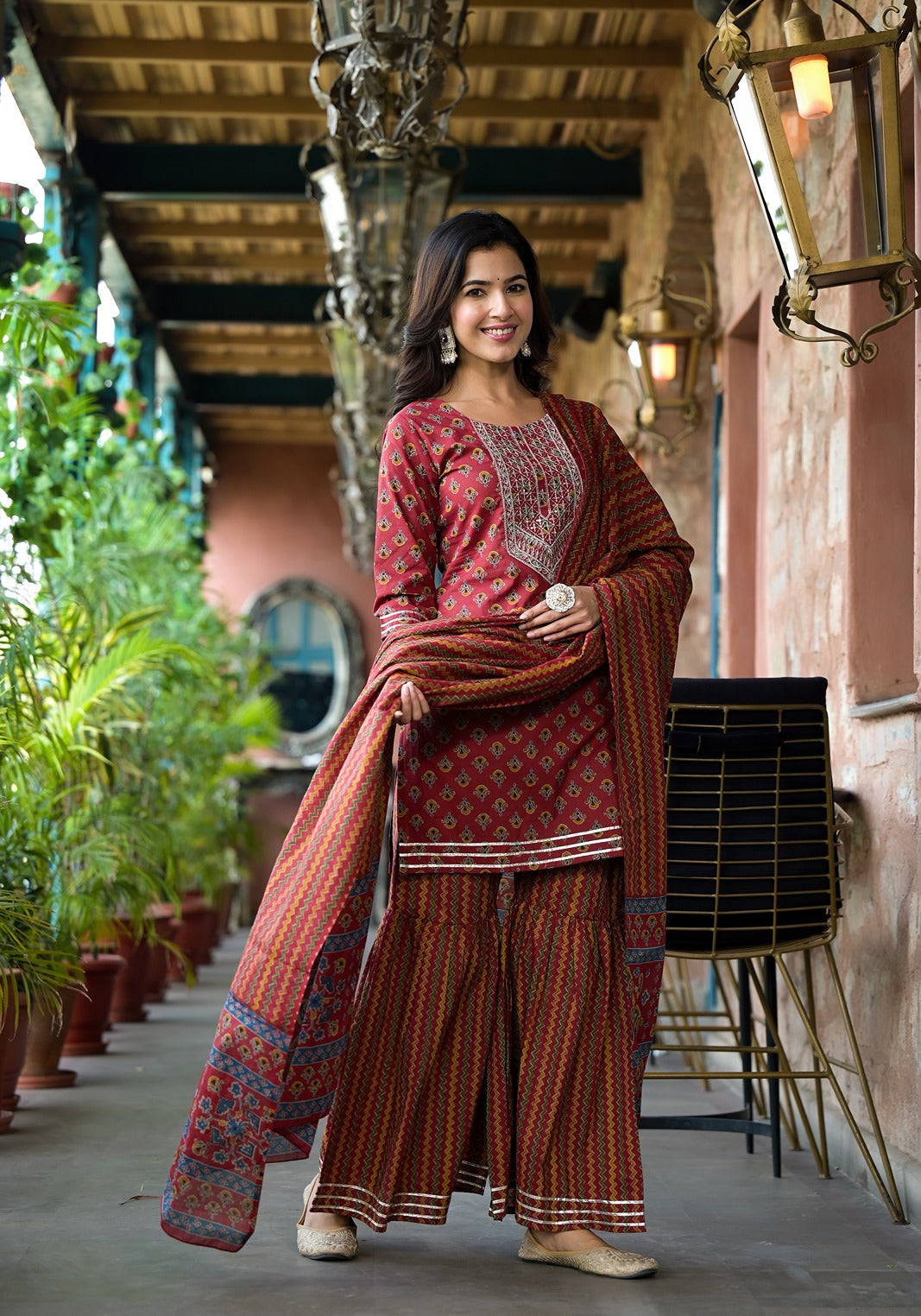 Yufta Rust Floral Sequins_Work Kurta Sharara With Dupatta Set - Distacart