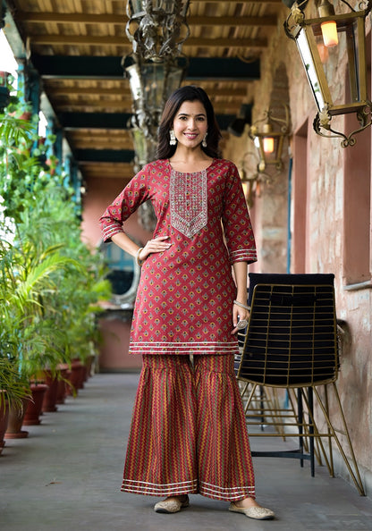 Yufta Rust Floral Sequins_Work Kurta Sharara With Dupatta Set - Distacart