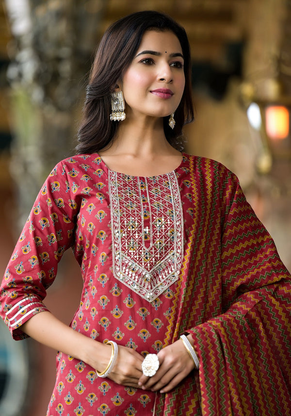 Yufta Rust Floral Sequins_Work Kurta Sharara With Dupatta Set