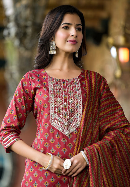 Yufta Rust Floral Sequins_Work Kurta Sharara With Dupatta Set