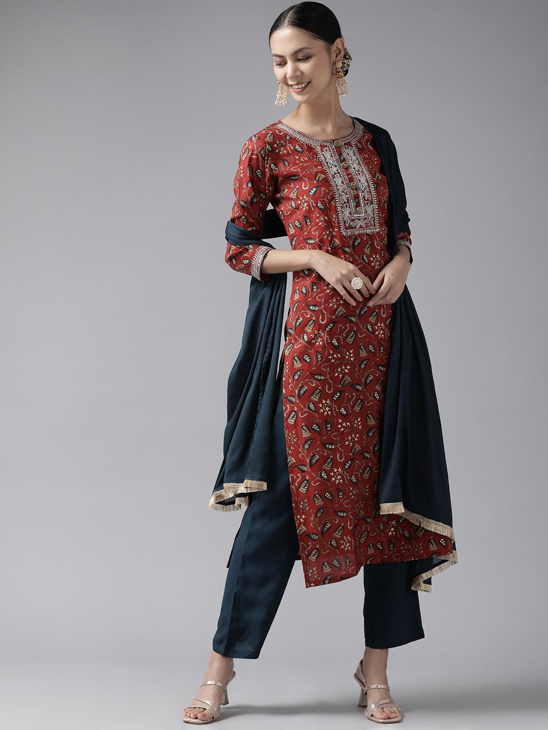 Yufta Rust Thread Work Dupatta Set - Distacart