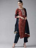 Thumbnail for Yufta Rust Thread Work Dupatta Set - Distacart