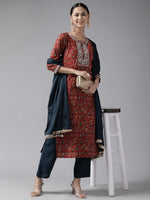 Thumbnail for Yufta Rust Thread Work Dupatta Set - Distacart